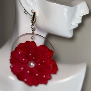 Red and Gold Floral Earrings with Textured Design and Pearls